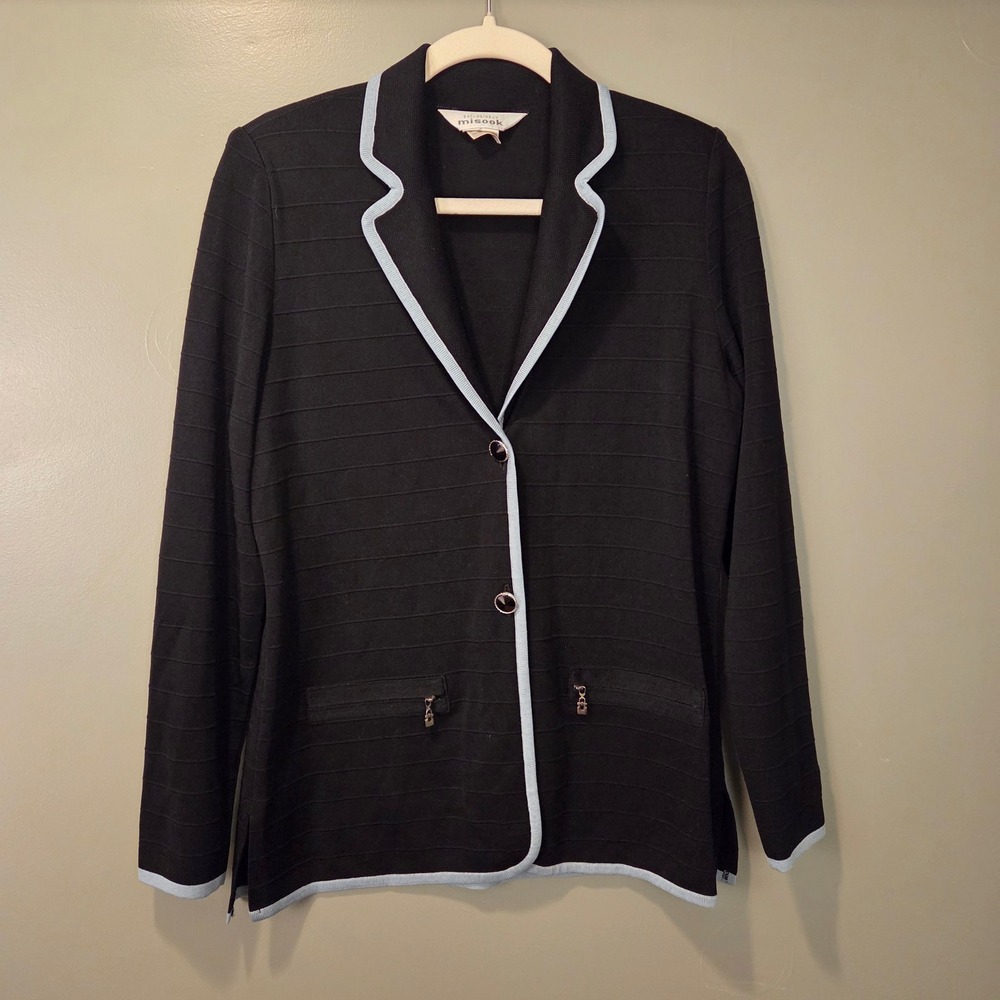 Exclusively Misook Women's Knit Ribbed Blazer Contrast Piping Size S Black Blue